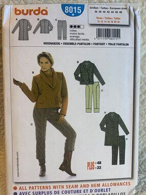 Burda Misses Jacket Pants Sewing Pattern Size 10 12 14 16 18 22 8015 Uncut
